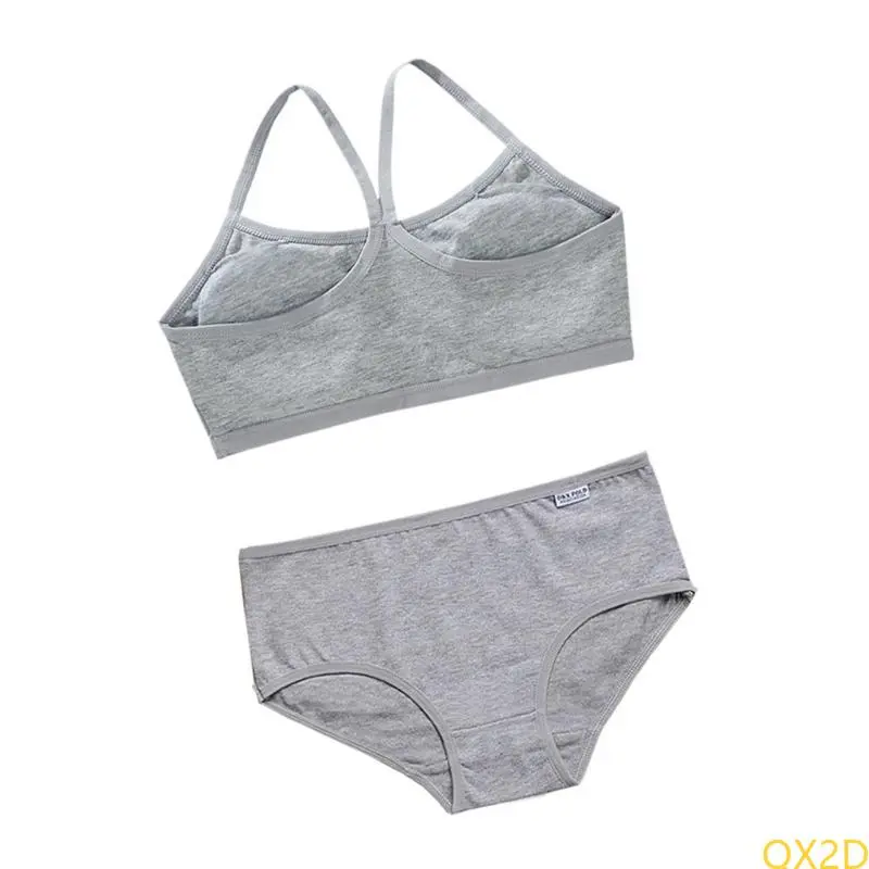 QX2D Comfortable Breathable Kids Camisole Bra Soft Fabric with Underpants Set for Girls 6-12T without Steel Rings Design