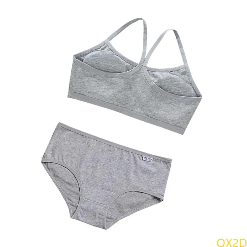QX2D Comfortable Breathable Kids Camisole Bra Soft Fabric with Underpants Set for Girls 6-12T without Steel Rings Design