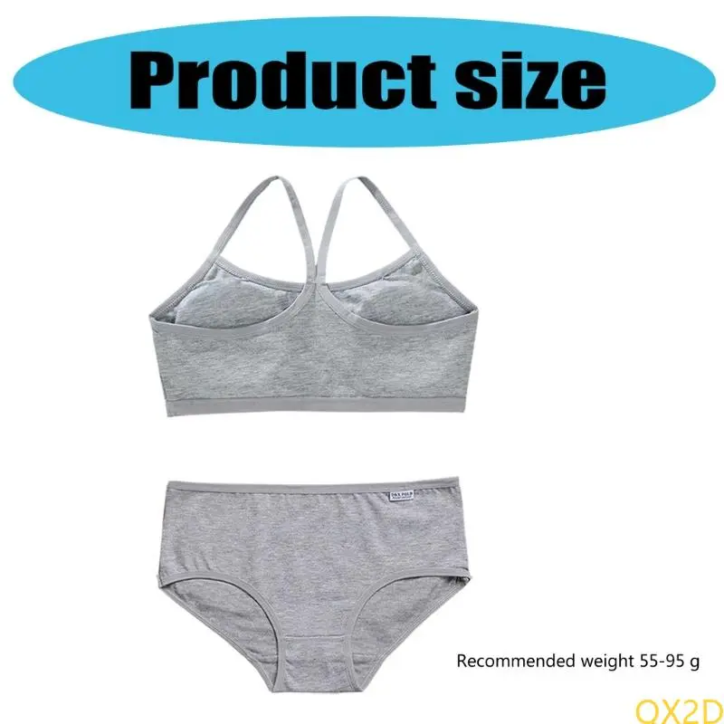 QX2D Comfortable Breathable Kids Camisole Bra Soft Fabric with Underpants Set for Girls 6-12T without Steel Rings Design