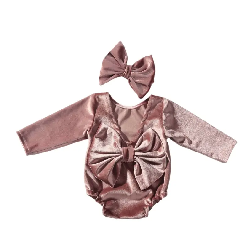 Newborn Velvet Romper Newborn Photo Props Girl Headband Set Infant Photoshoot Clothes