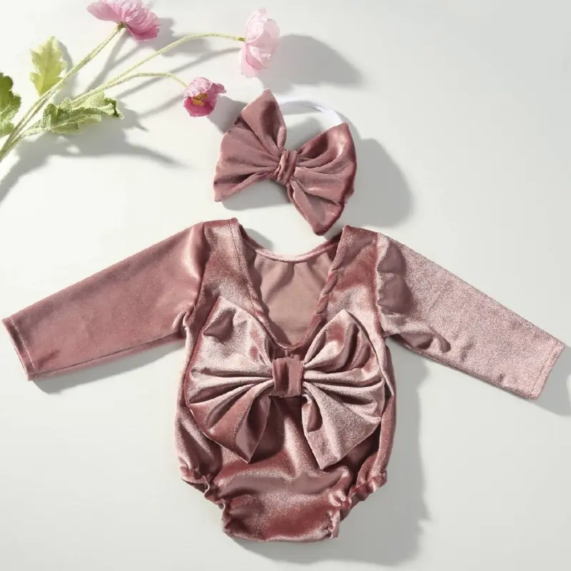 Newborn Velvet Romper Newborn Photo Props Girl Headband Set Infant Photoshoot Clothes