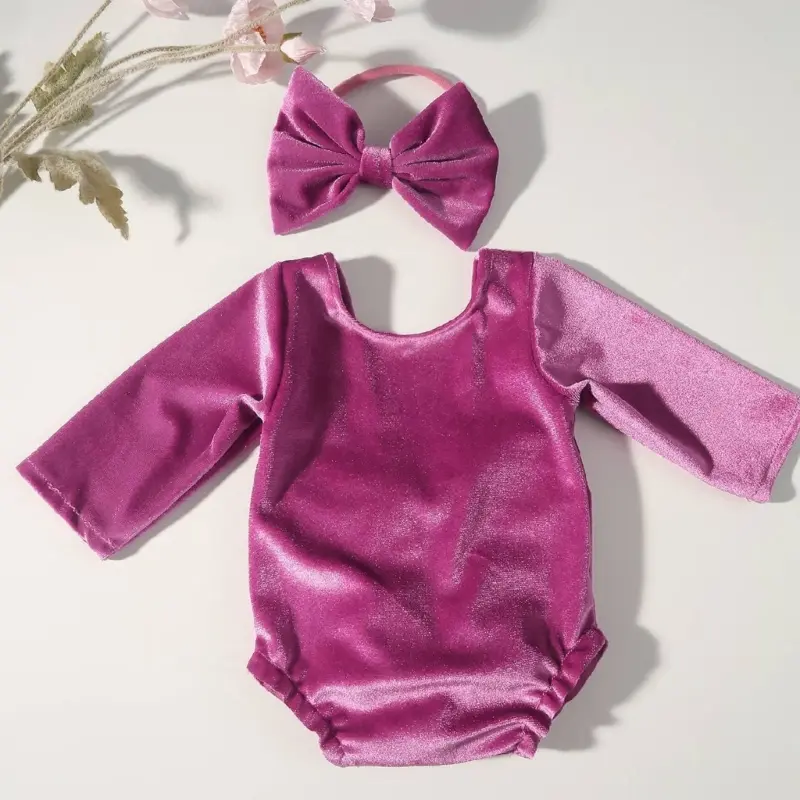Newborn Velvet Romper Newborn Photo Props Girl Headband Set Infant Photoshoot Clothes