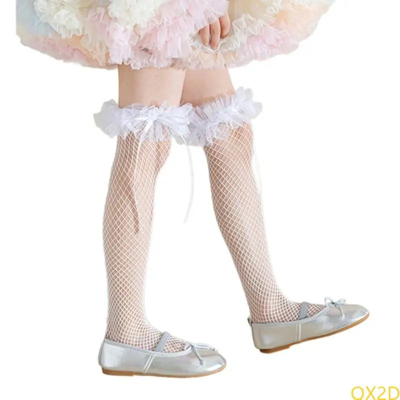 Sweet Ruffle Knee Length Socks Children's Summer Lace Stockings with Bowknot Trim for Girls Parties and Everyday Wear