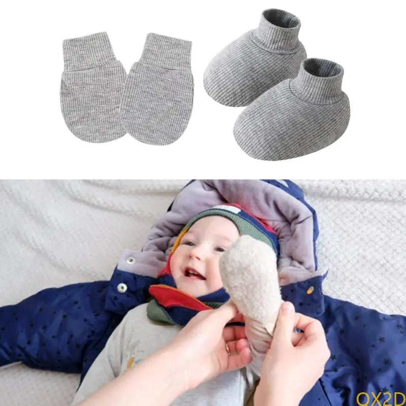 Set of 2pcs Newborns Socks and Mittens Set Elastic Edges Anti Slip Gloves Solid