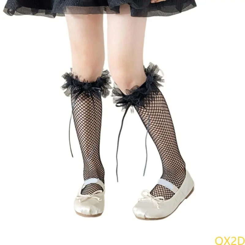 Sweet Ruffle Knee Length Socks Children's Summer Lace Stockings with Bowknot Trim for Girls Parties and Everyday Wear
