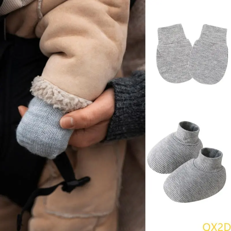 Set of 2pcs Newborns Socks and Mittens Set Elastic Edges Anti Slip Gloves Solid