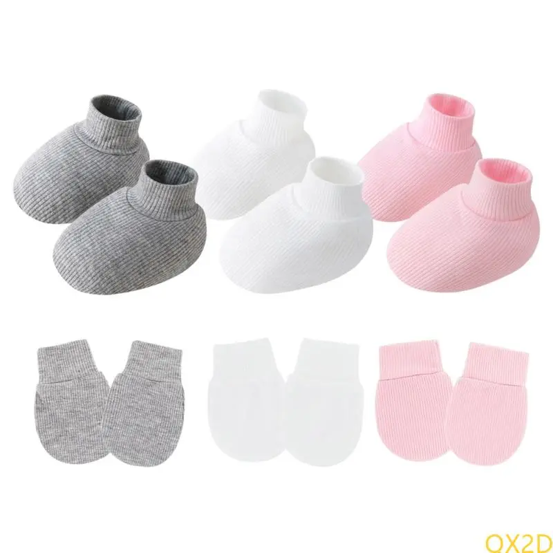 Set of 2pcs Newborns Socks and Mittens Set Elastic Edges Anti Slip Gloves Solid