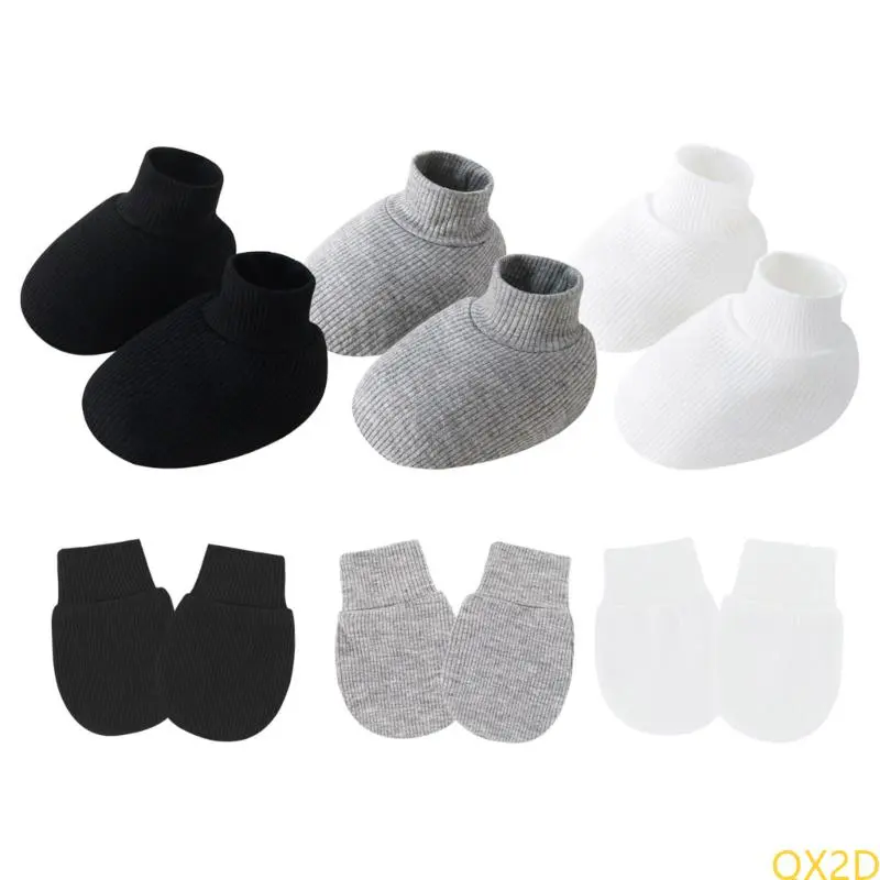 Set of 2pcs Newborns Socks and Mittens Set Elastic Edges Anti Slip Gloves Solid