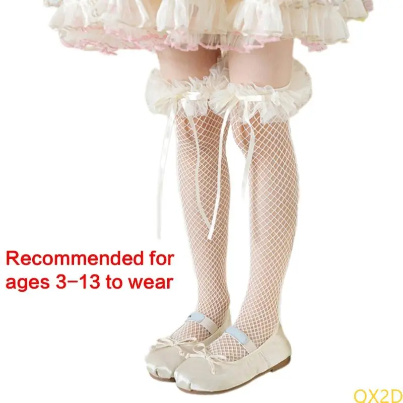 Sweet Ruffle Knee Length Socks Children's Summer Lace Stockings with Bowknot Trim for Girls Parties and Everyday Wear