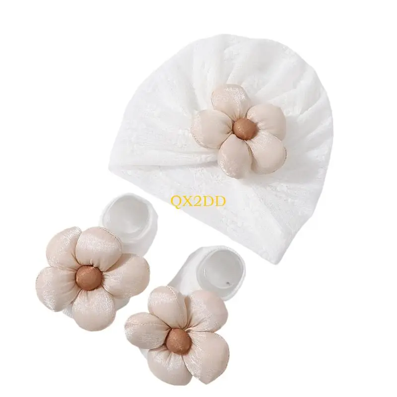 2Pcs/pack Girls Floral Turban Hat Elastic Bonnet Headgear with Flower Embellishments 0-1 Year Infants Baby Socks Set