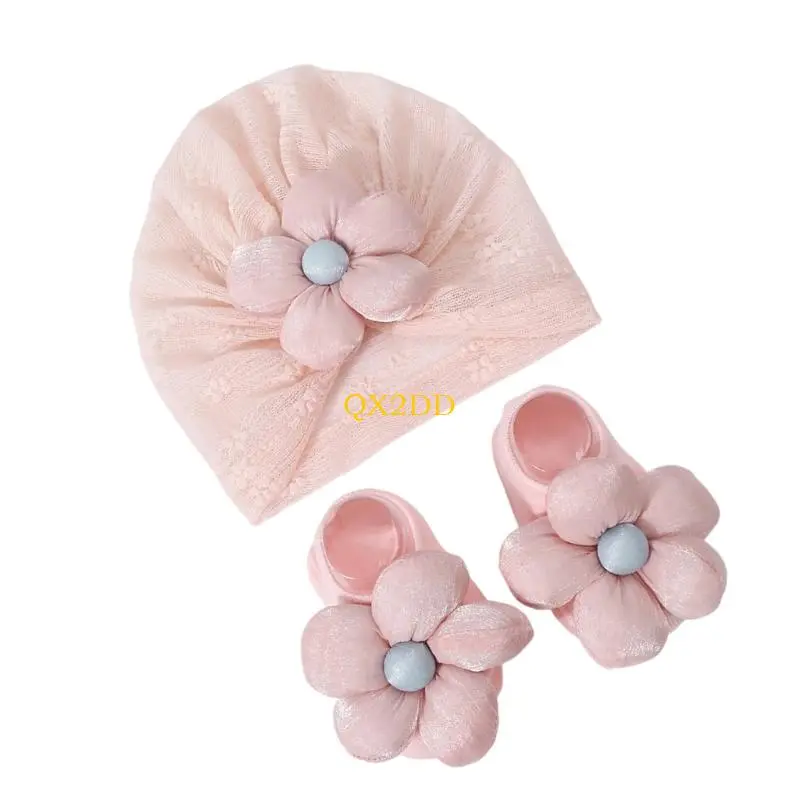 2Pcs/pack Girls Floral Turban Hat Elastic Bonnet Headgear with Flower Embellishments 0-1 Year Infants Baby Socks Set