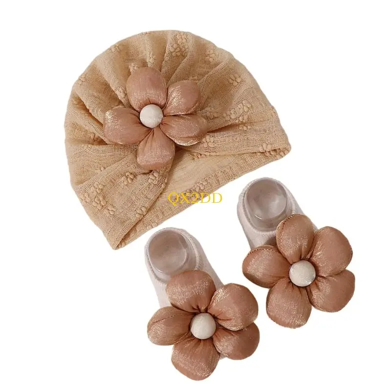 2Pcs/pack Girls Floral Turban Hat Elastic Bonnet Headgear with Flower Embellishments 0-1 Year Infants Baby Socks Set
