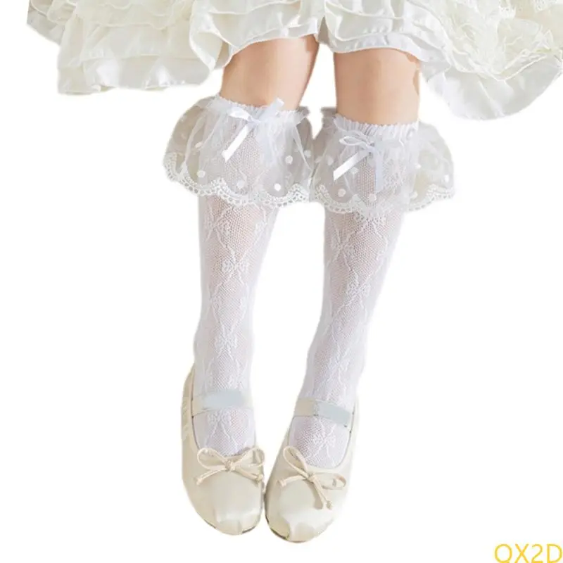 Children's Middle Calf Socks Lovely Lace Trim and Bowknot Detail Under Knee Socks for Parties and Everyday Wear
