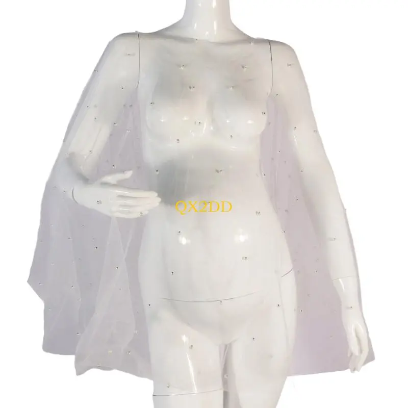 QX2D Stylish Pregnant Photography Cape Cloak Props Feature Sheer Fabric and Secure Pearls Embellishments for