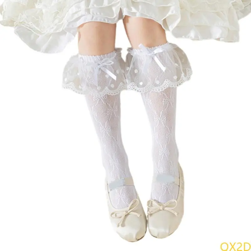 Children's Middle Calf Socks Lovely Lace Trim and Bowknot Detail Under Knee Socks for Parties and Everyday Wear