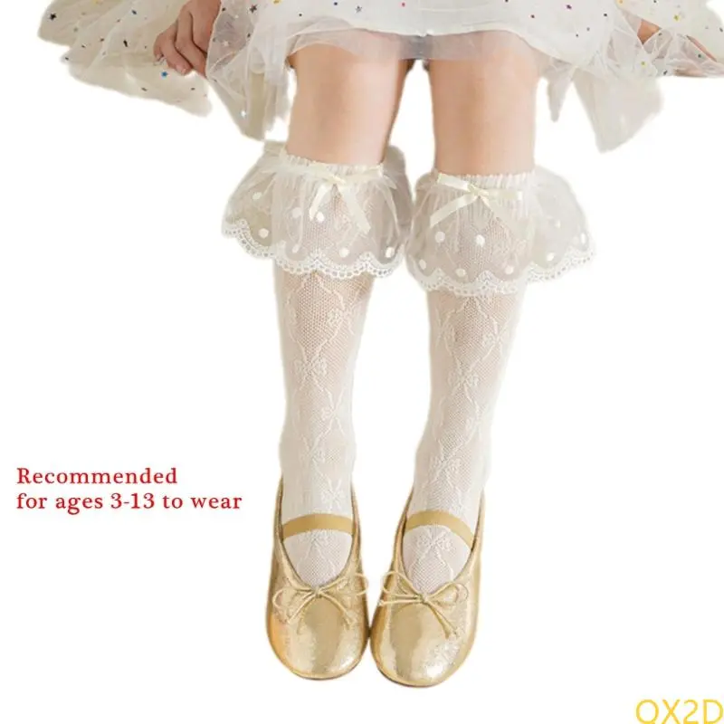 Children's Middle Calf Socks Lovely Lace Trim and Bowknot Detail Under Knee Socks for Parties and Everyday Wear