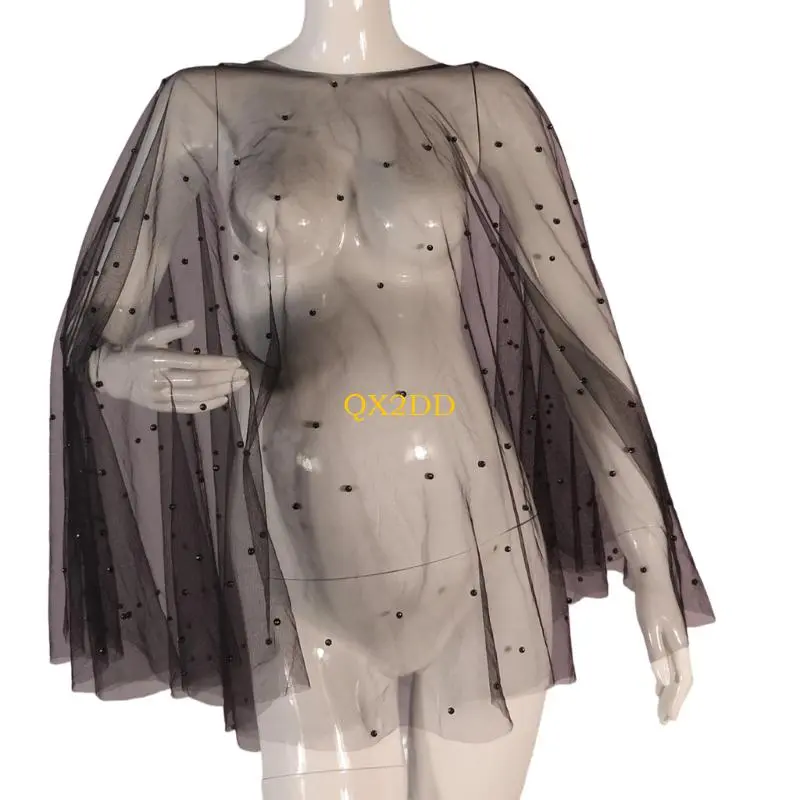 QX2D Stylish Pregnant Photography Cape Cloak Props Feature Sheer Fabric and Secure Pearls Embellishments for