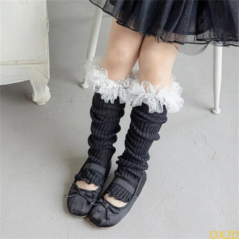 QX2D Elastic Lace Trimmed Leg Warmer Soft & Comfortable Cotton Socks for Kids 3-13T