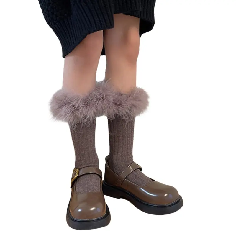 1 Pair Children's Feathered Socks Lace Trimmed Knee High Piled Up Socks for Daily Wear Parties and Dance Performances