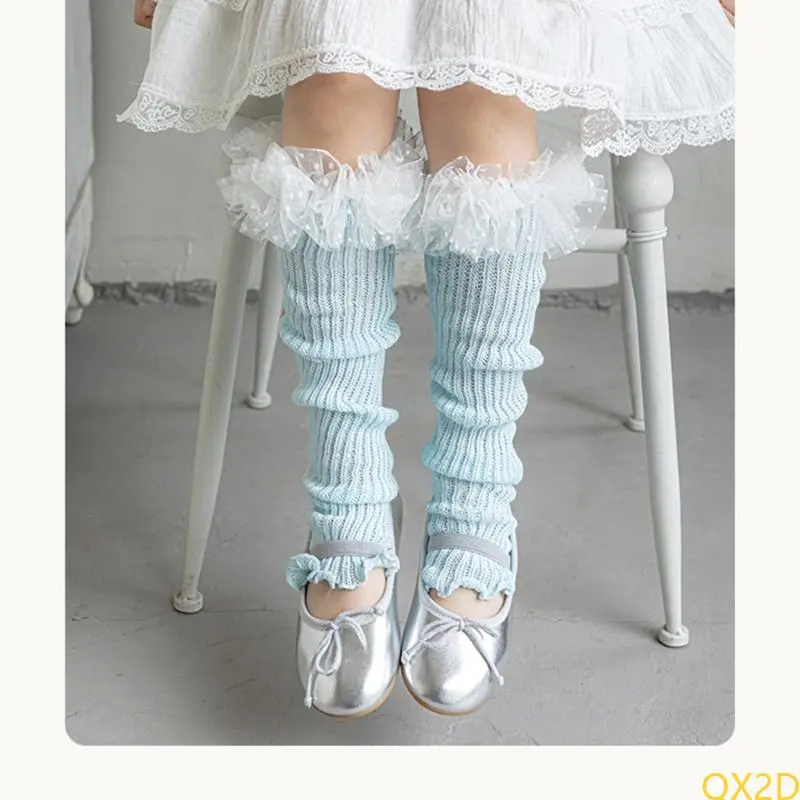 QX2D Elastic Lace Trimmed Leg Warmer Soft & Comfortable Cotton Socks for Kids 3-13T