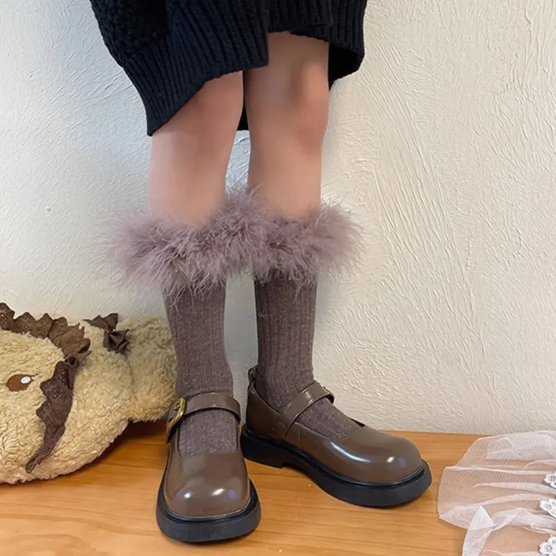 1 Pair Children's Feathered Socks Lace Trimmed Knee High Piled Up Socks for Daily Wear Parties and Dance Performances