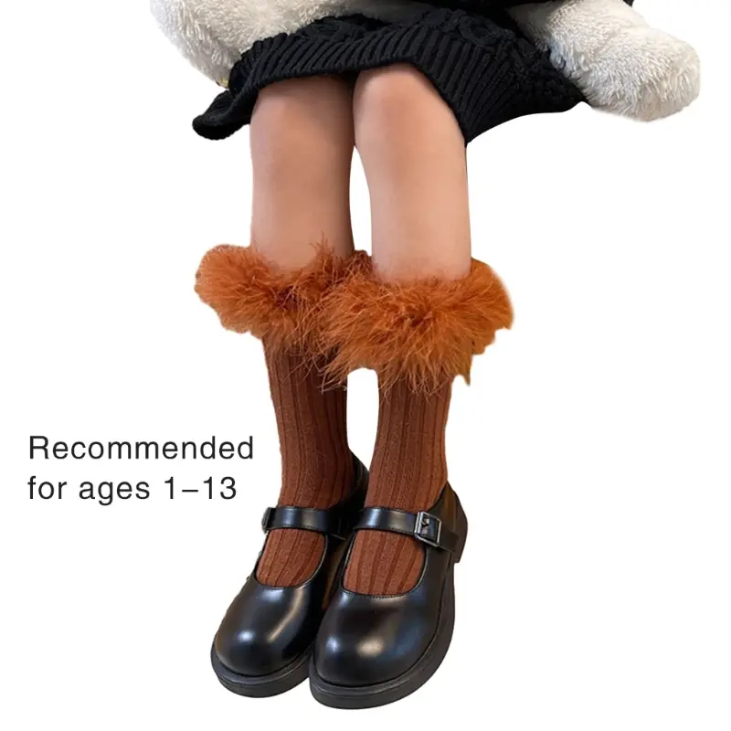 1 Pair Children's Feathered Socks Lace Trimmed Knee High Piled Up Socks for Daily Wear Parties and Dance Performances