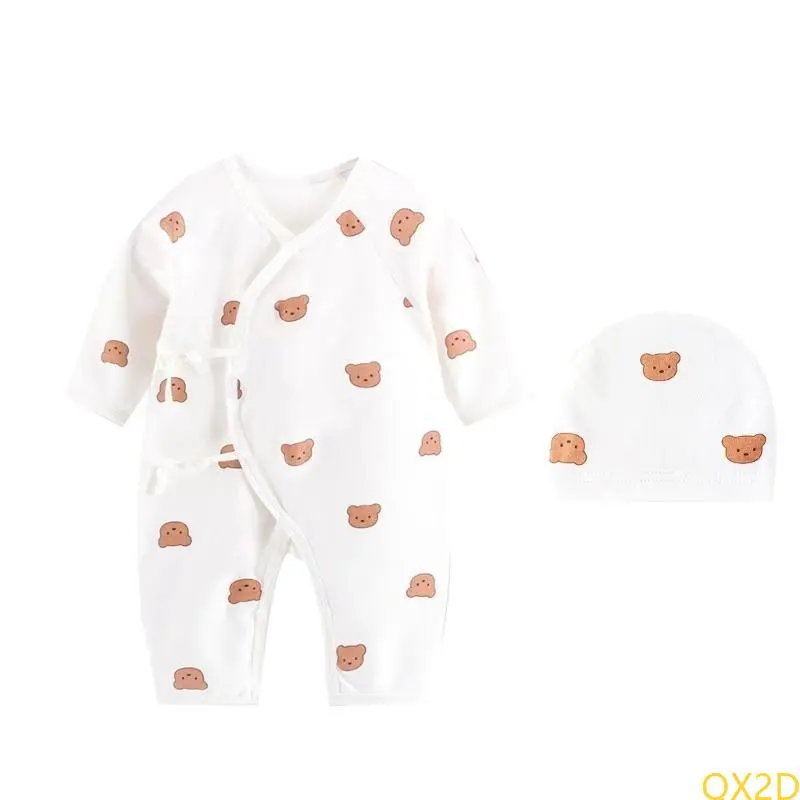 QX2D Cartoon Bear Jumpsuit Skull Hat Set AntiStatic Baby Romper Outfit Shower Gift