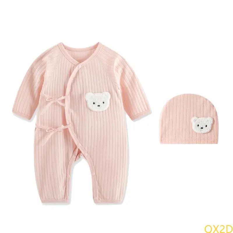 QX2D Cartoon Bear Jumpsuit Skull Hat Set AntiStatic Baby Romper Outfit Shower Gift