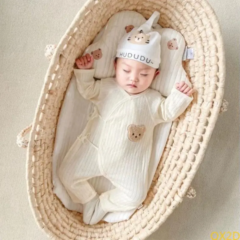 QX2D Cartoon Bear Jumpsuit Skull Hat Set AntiStatic Baby Romper Outfit Shower Gift