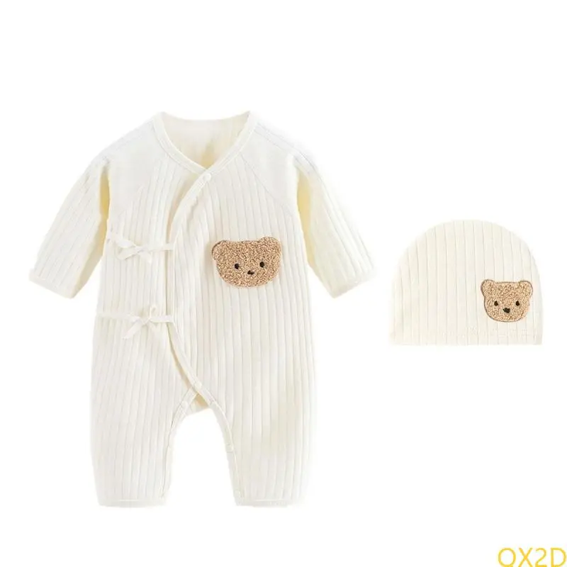 QX2D Cartoon Bear Jumpsuit Skull Hat Set AntiStatic Baby Romper Outfit Shower Gift