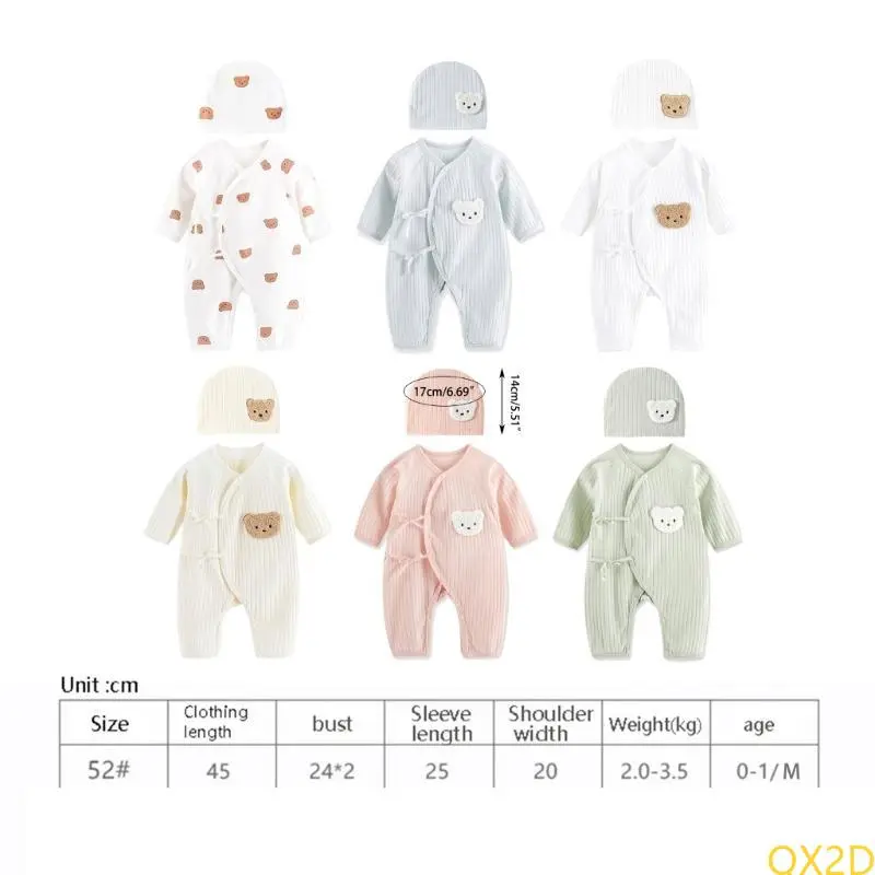 QX2D Cartoon Bear Jumpsuit Skull Hat Set AntiStatic Baby Romper Outfit Shower Gift