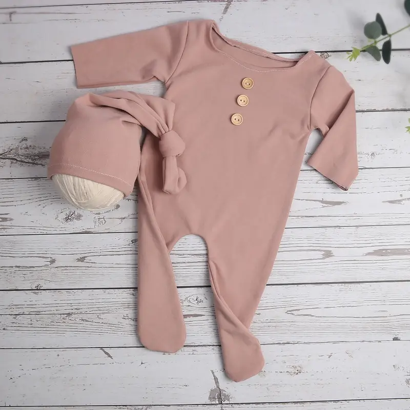 2Pcs/Set Newborn Baby Long Romper Jumpsuit with Knotted Hat Buttons Solid Color Infant Coverall Photo Prop Outfits Dropshipping