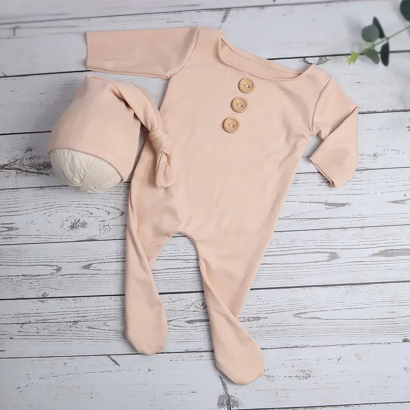2Pcs/Set Newborn Baby Long Romper Jumpsuit with Knotted Hat Buttons Solid Color Infant Coverall Photo Prop Outfits Dropshipping