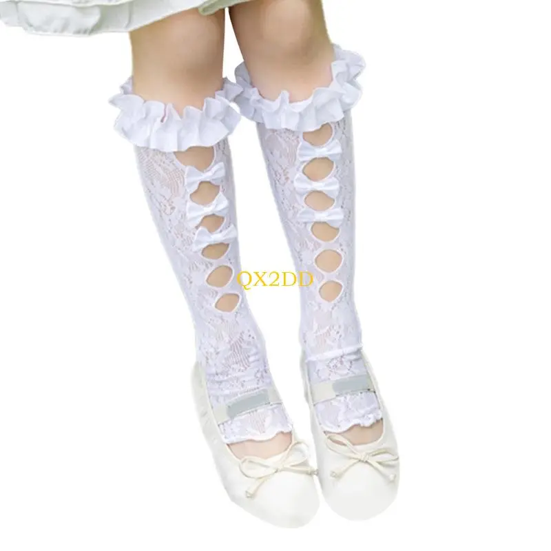QX2D Sweet Leg Warmer For Girls Lace Bowknot Trim Soft Stretchy Cotton Blend