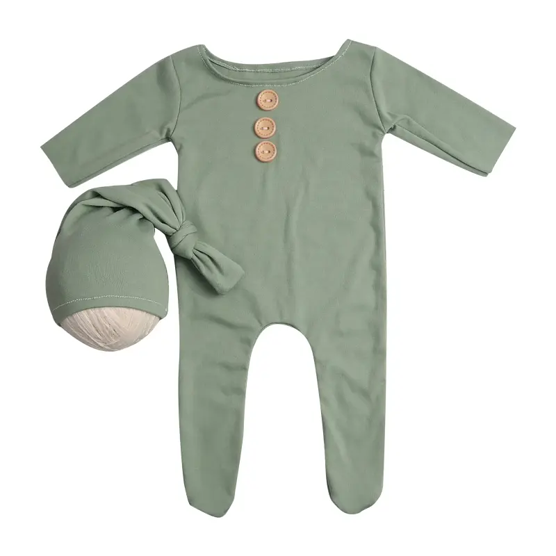2Pcs/Set Newborn Baby Long Romper Jumpsuit with Knotted Hat Buttons Solid Color Infant Coverall Photo Prop Outfits Dropshipping