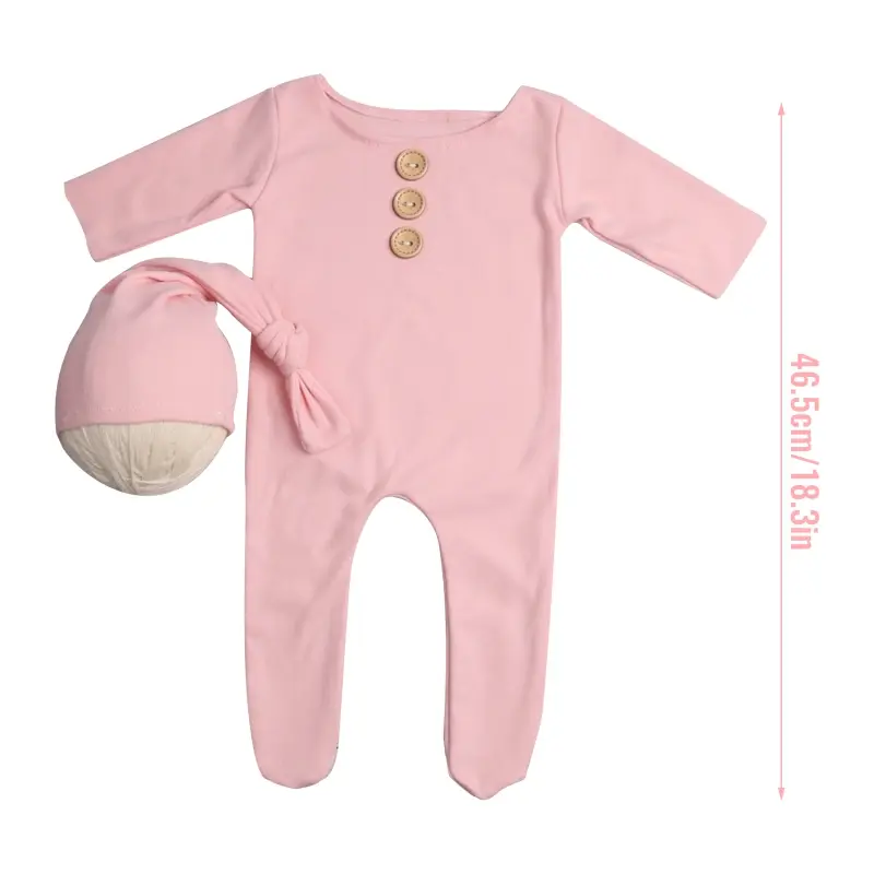 2Pcs/Set Newborn Baby Long Romper Jumpsuit with Knotted Hat Buttons Solid Color Infant Coverall Photo Prop Outfits Dropshipping