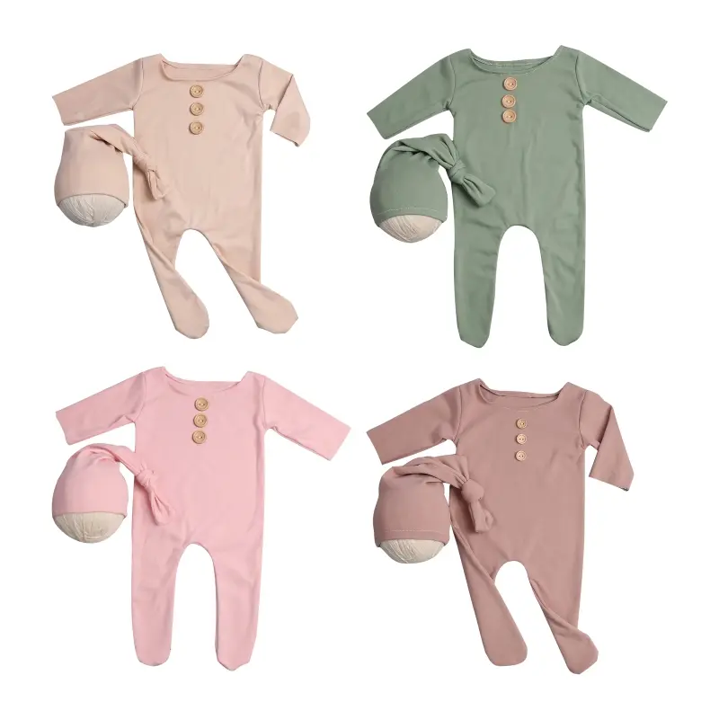 2Pcs/Set Newborn Baby Long Romper Jumpsuit with Knotted Hat Buttons Solid Color Infant Coverall Photo Prop Outfits Dropshipping