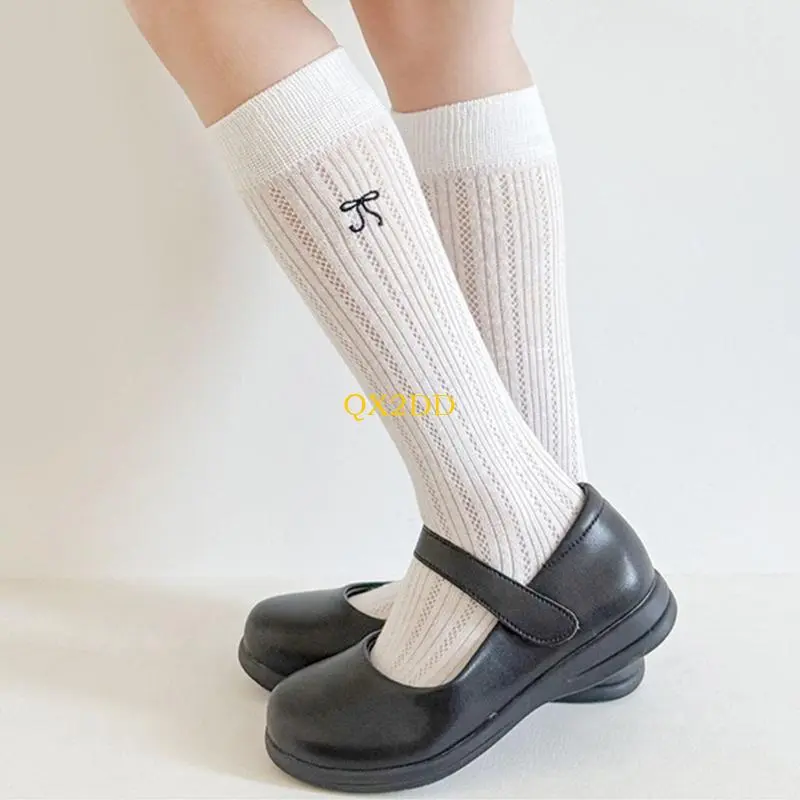 QX2D Stretchable Mesh Pattern Toddler Girls Socks Lightweight Summer Footwear Bowknot Charm with Nonslip Cuffs Design