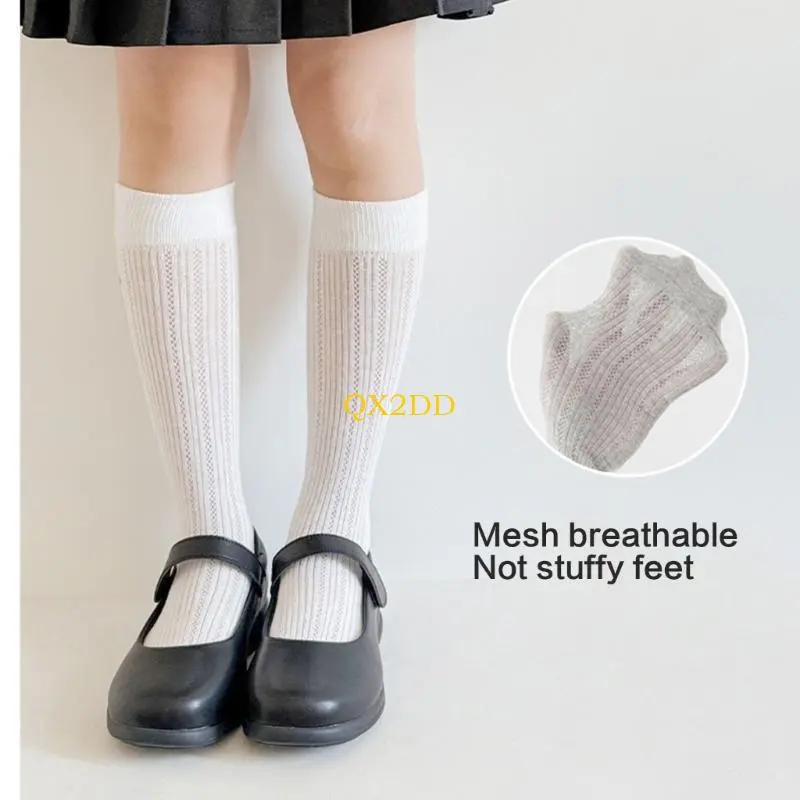 QX2D Stretchable Mesh Pattern Toddler Girls Socks Lightweight Summer Footwear Bowknot Charm with Nonslip Cuffs Design