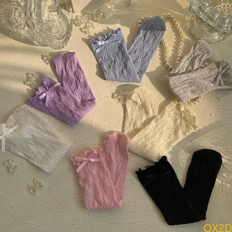 QX2D Lace Bowknot Knee High Socks Kids MidCalf Socks Breathable Stretchy Mesh Socks