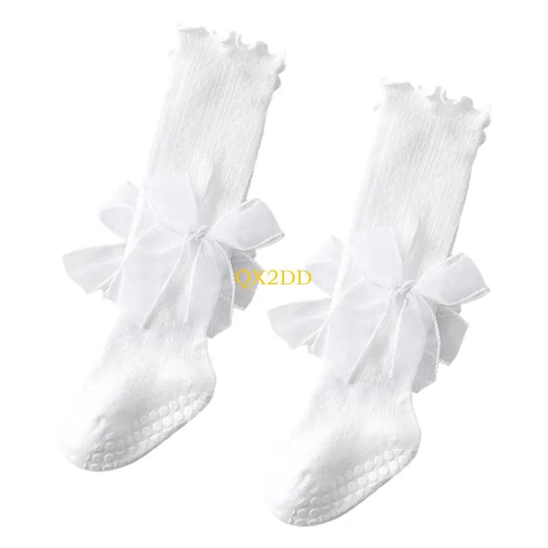 QX2D Long Tube Kids Socks Combed Cotton Stockings Nonslip Dotted Bottom Bowknot Accent for Daily Activity Summer