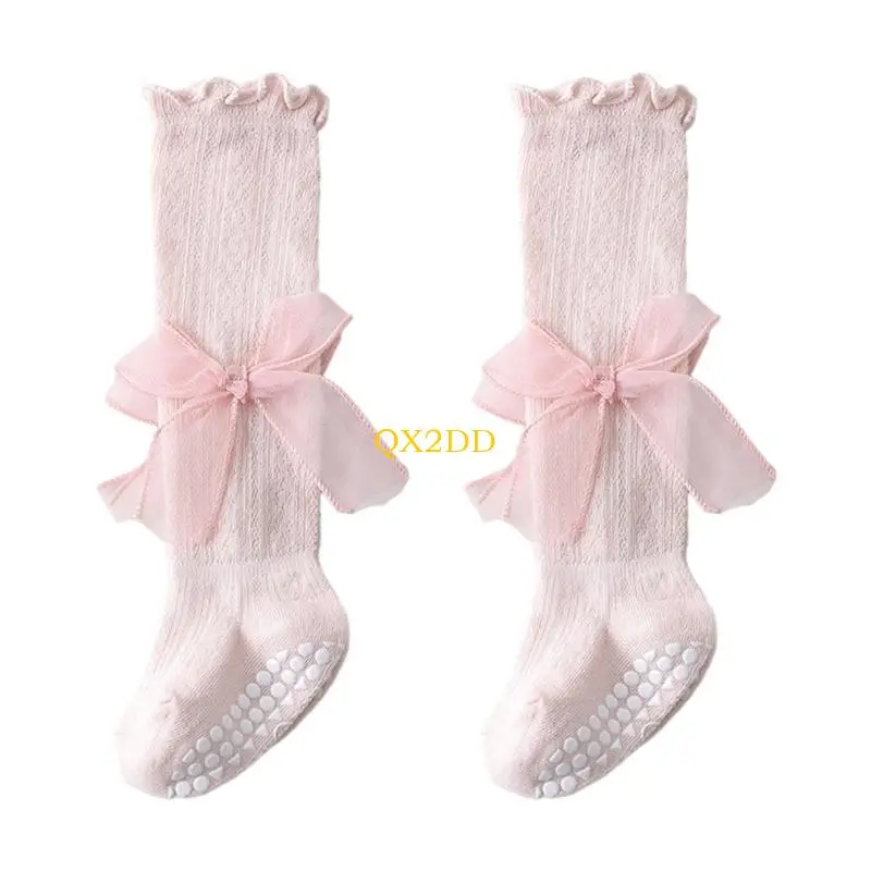 QX2D Long Tube Kids Socks Combed Cotton Stockings Nonslip Dotted Bottom Bowknot Accent for Daily Activity Summer