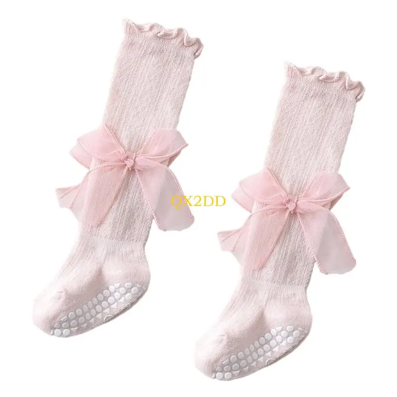 QX2D Long Tube Kids Socks Combed Cotton Stockings Nonslip Dotted Bottom Bowknot Accent for Daily Activity Summer