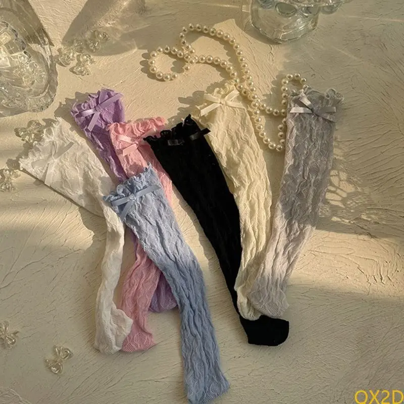 QX2D Lace Bowknot Knee High Socks Kids MidCalf Socks Breathable Stretchy Mesh Socks