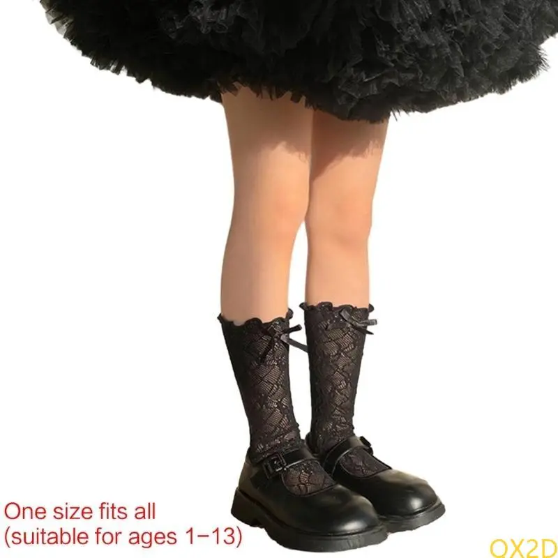 QX2D Lace Bowknot Knee High Socks Kids MidCalf Socks Breathable Stretchy Mesh Socks