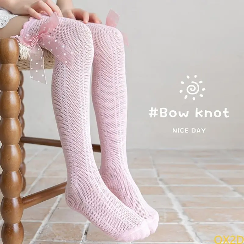 Infants Delicate Lace Bowknot Socks Knee Length Socks Breathable Mesh Design