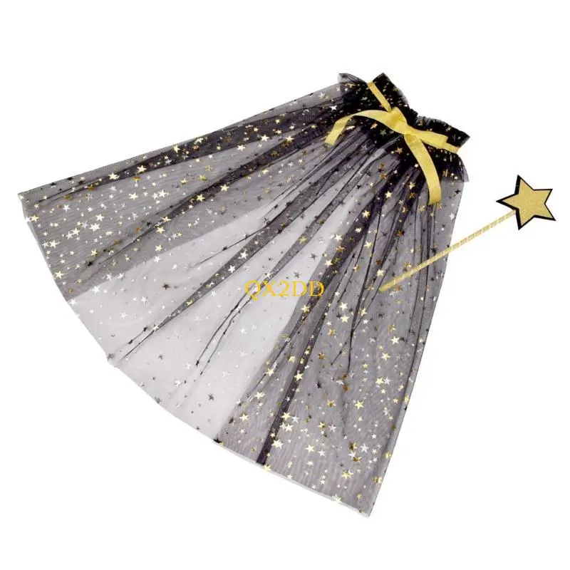2pcs Kids Star Wand and Soft Tulle Cloak Props for Birthday and Masquerade