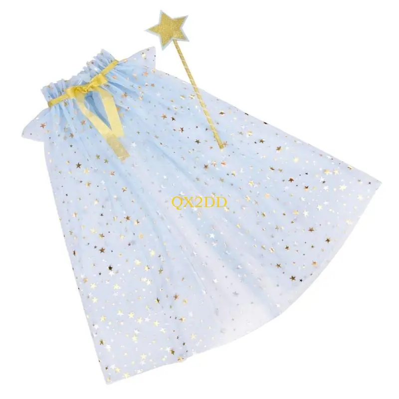 2pcs Kids Star Wand and Soft Tulle Cloak Props for Birthday and Masquerade