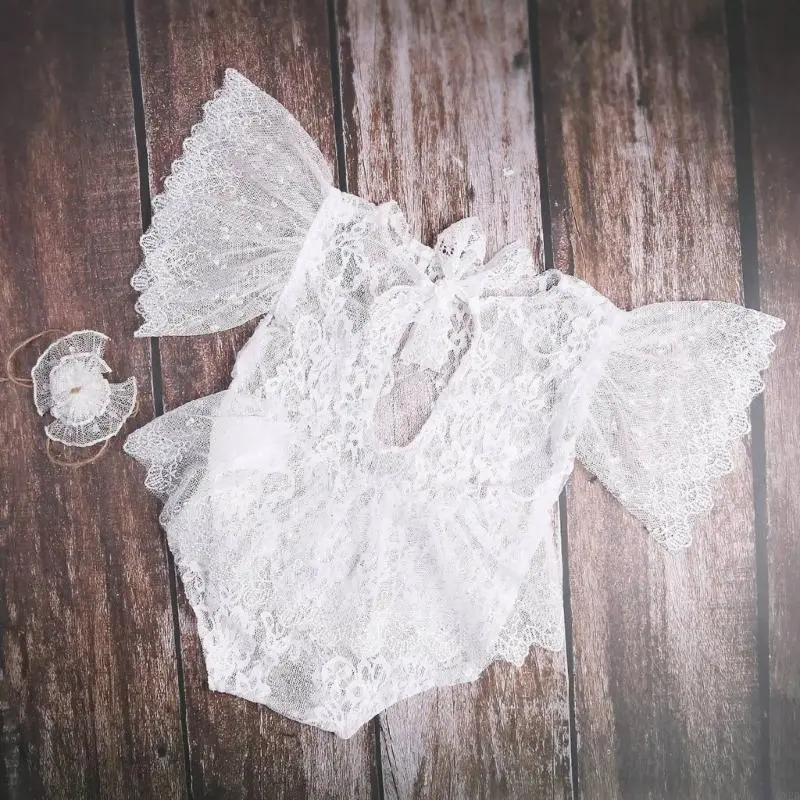 Lace Flower Jumpsuit and Hairband Set for Baby Photoshooting Photo Posing Props Outfit Newborn Photography Accessories