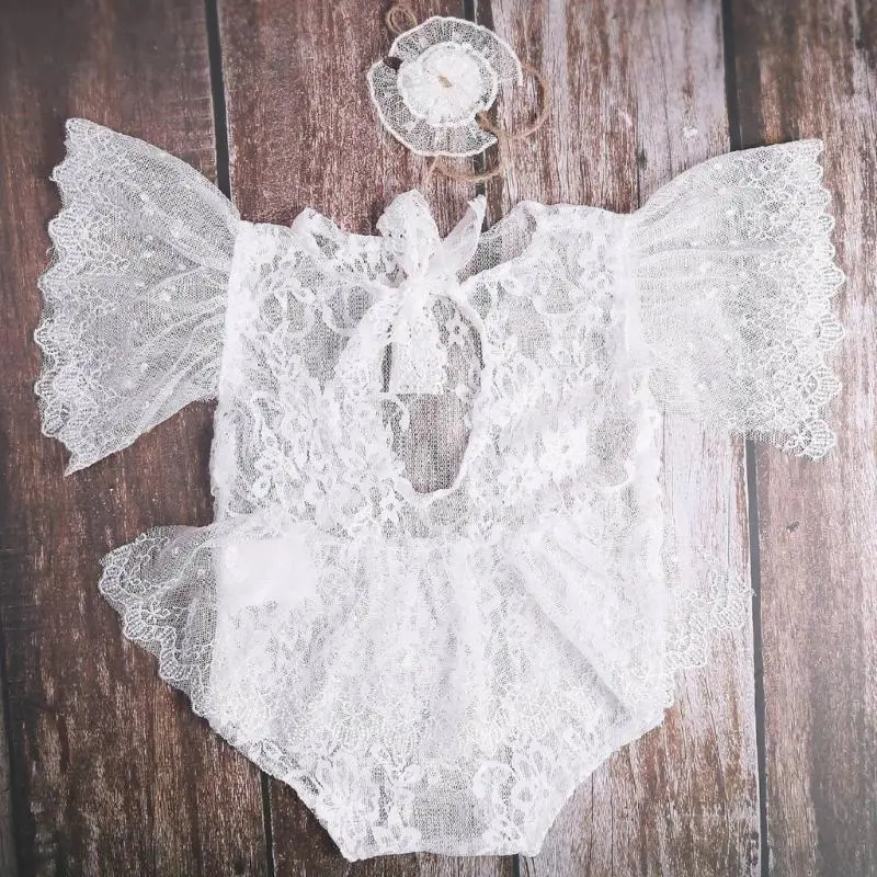 Lace Flower Jumpsuit and Hairband Set for Baby Photoshooting Photo Posing Props Outfit Newborn Photography Accessories
